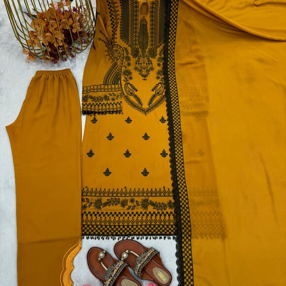 Mustard pakistani kurti Pure cotton with embroidery work with dupatta and pujama - Picture 7 of 9
